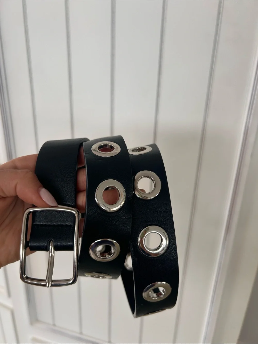 Black Grommet Eyelet Belt with Silver Hardware